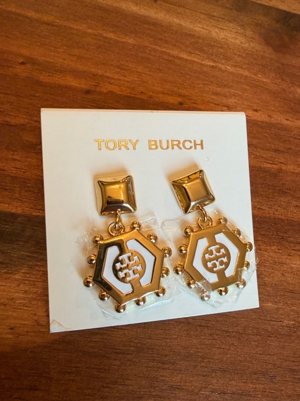Tory Burch Gold and White Hexagon Logo Drop Earrings
